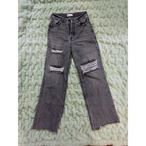 ZARA Gray Distressed Wide Leg Jeans Button Fly High Waist Raw Hem Grunge Sz 4
